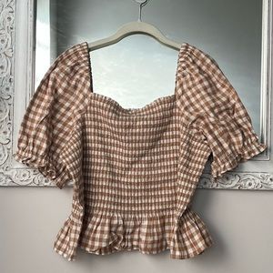 NWT J Crew Gingham Camel Ivory Flannel Smocked Top XL